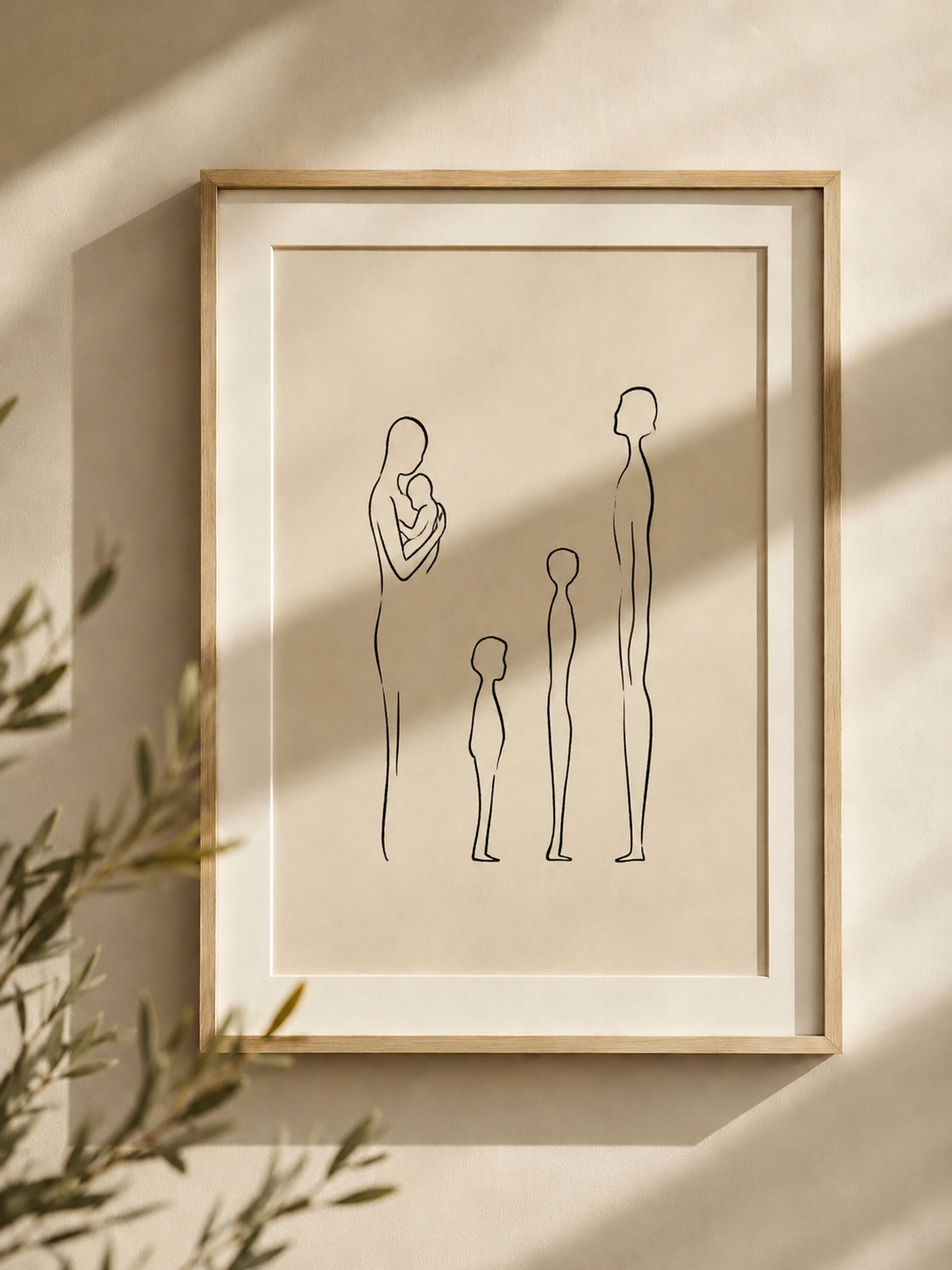 Framed line-art family portrait on a beige background